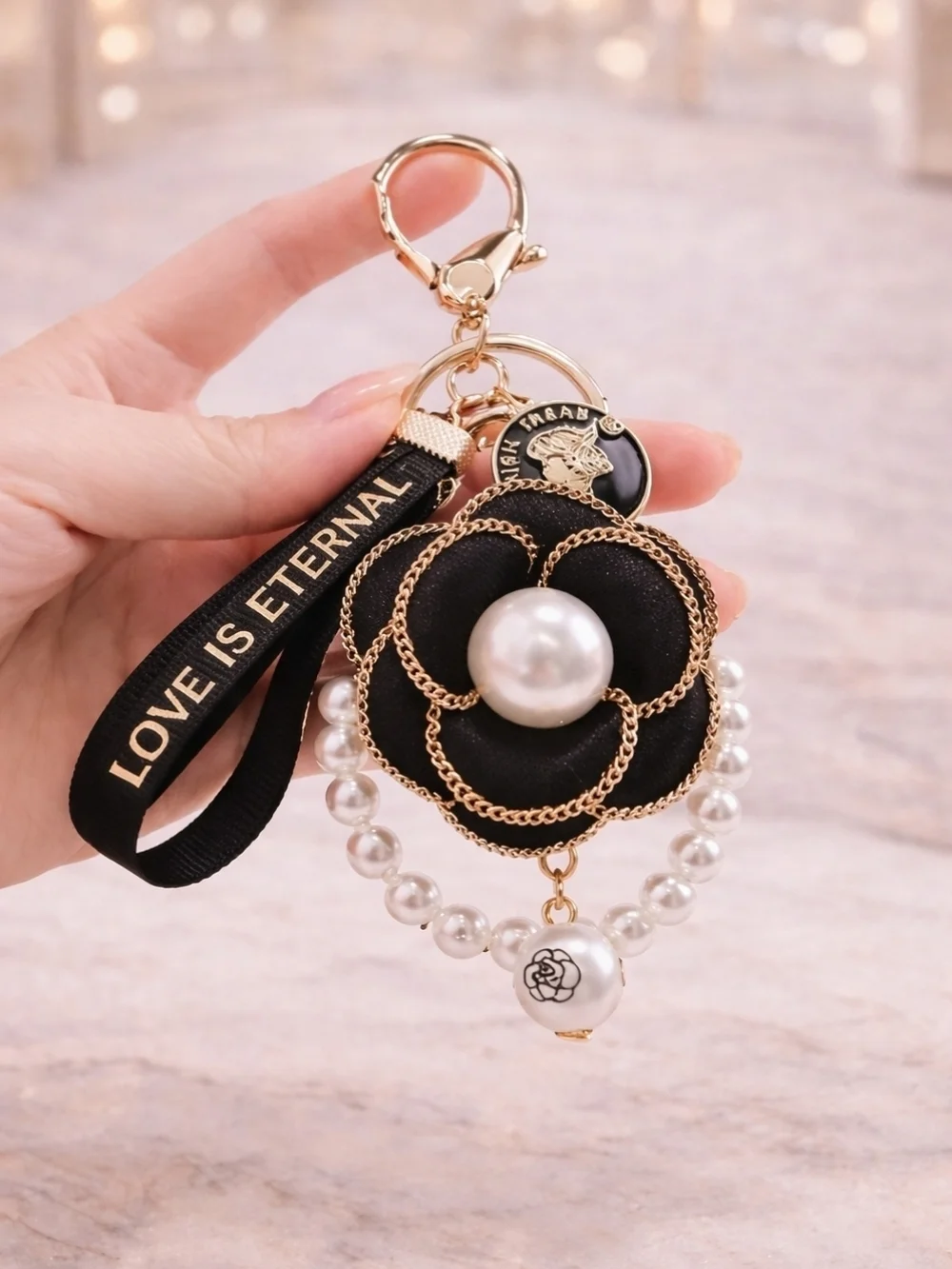 Black Camellia Floral Keychain / Bag Charm with Pearl Accents